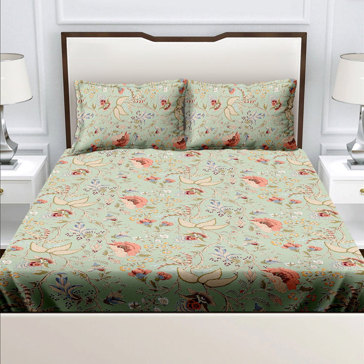 Bella Casa Fashion & Retail Ltd  BEDSHEET Double King Size Cotton Abstract Green Colour Bedsheet with 2 Pillow Covers - Genteel Collection