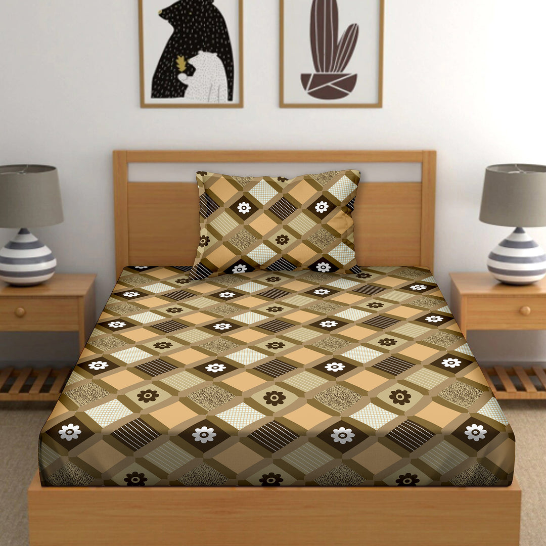 Bella Casa Fashion & Retail Ltd  BEDSHEET Single Cotton Abstract Brown Colour Bedsheet with 1 Pillow Cover- Cuddle Collection