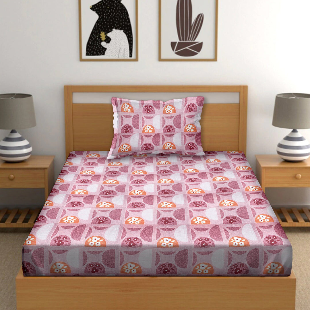 Bella Casa Fashion & Retail Ltd  BEDSHEET Single Cotton Abstract Pink Colour Bedsheet with 1 Pillow Cover- Cuddle Collection