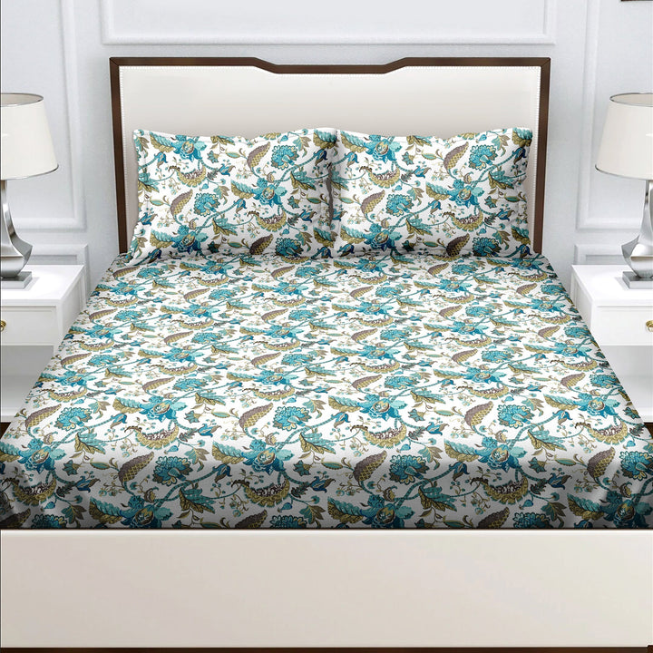 Bella Casa Fashion & Retail Ltd  Double Bedsheet King Size Cotton Floral Teal Colour with 2 Pillow Covers - Genteel Collection
