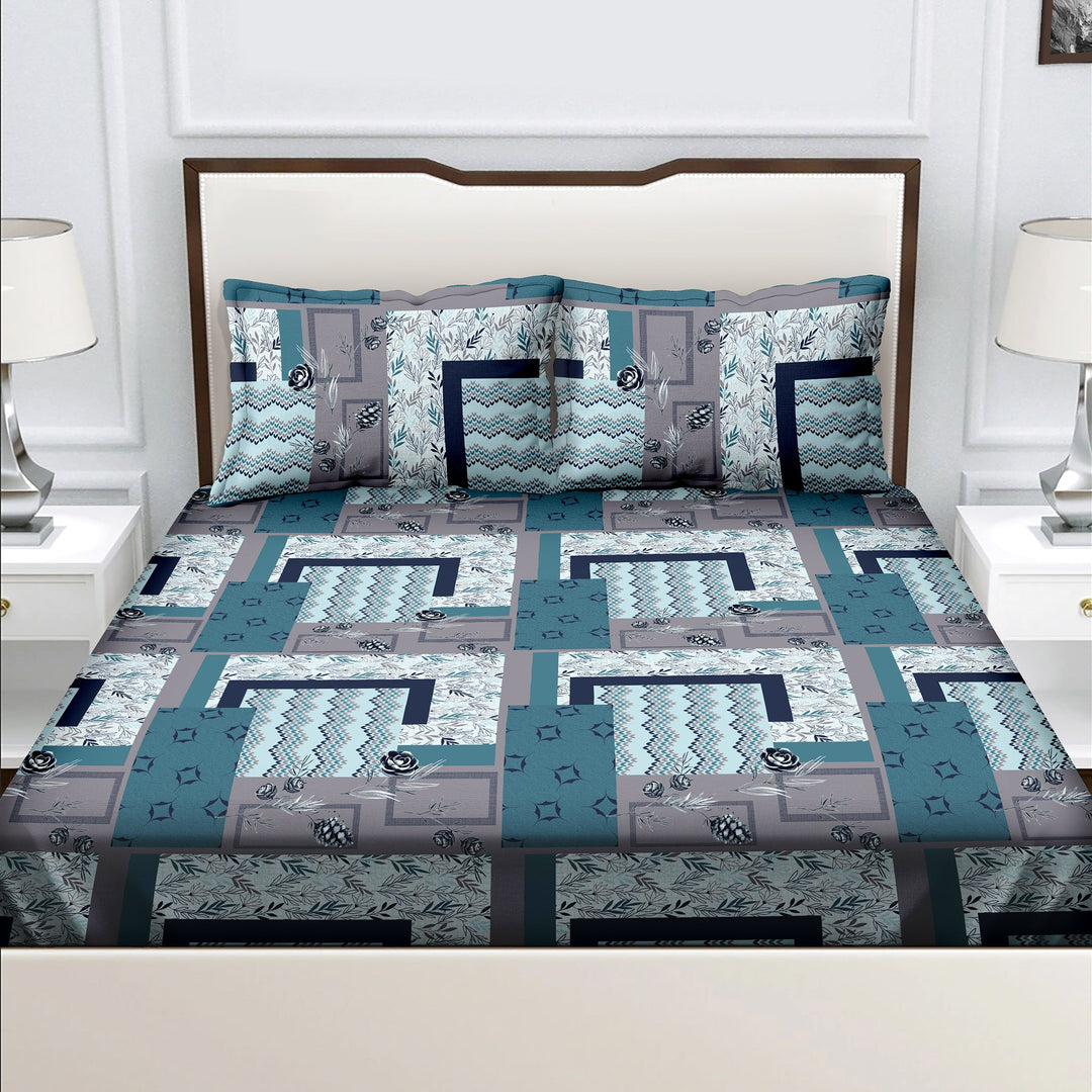 Bella Casa Fashion & Retail Ltd  Double Bedsheet Set 100% Cotton King Size with 2 Pillow Covers Abstract Blue Colour - Radiant Collection