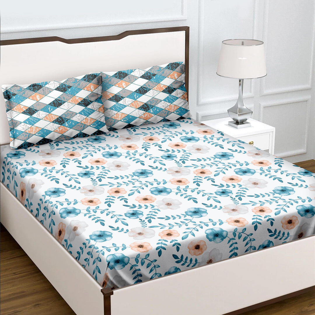 Bella Casa Fashion & Retail Ltd  Double King Size Cotton Abstract Teal Colour Bedsheet with 2 Pillow Covers - Genteel Collection