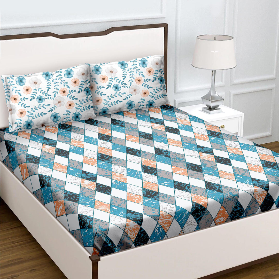 Bella Casa Fashion & Retail Ltd  Double King Size Cotton Abstract Teal Colour Bedsheet with 2 Pillow Covers - Genteel Collection
