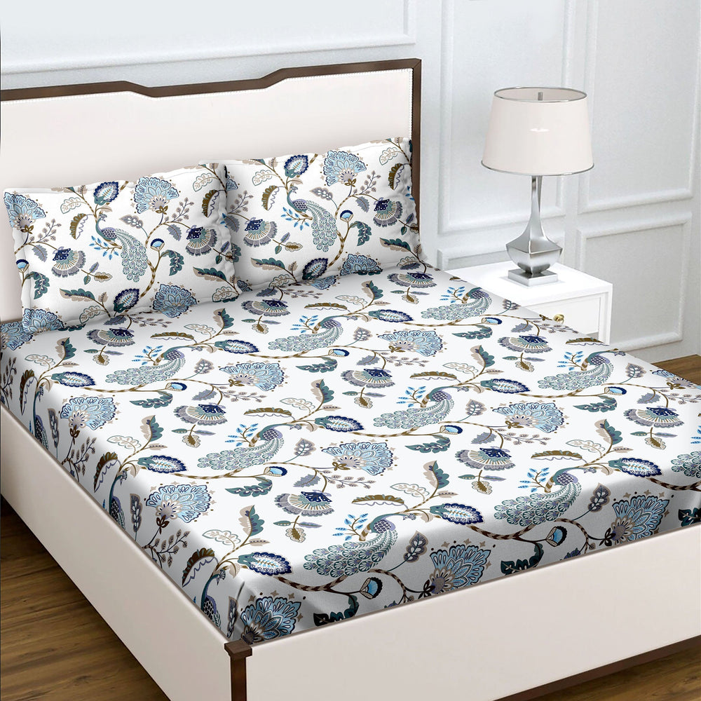 Bella Casa Fashion & Retail Ltd  Double King Size Cotton Floral Blue Colour Bedsheet with 2 Pillow Covers - Genteel Collection