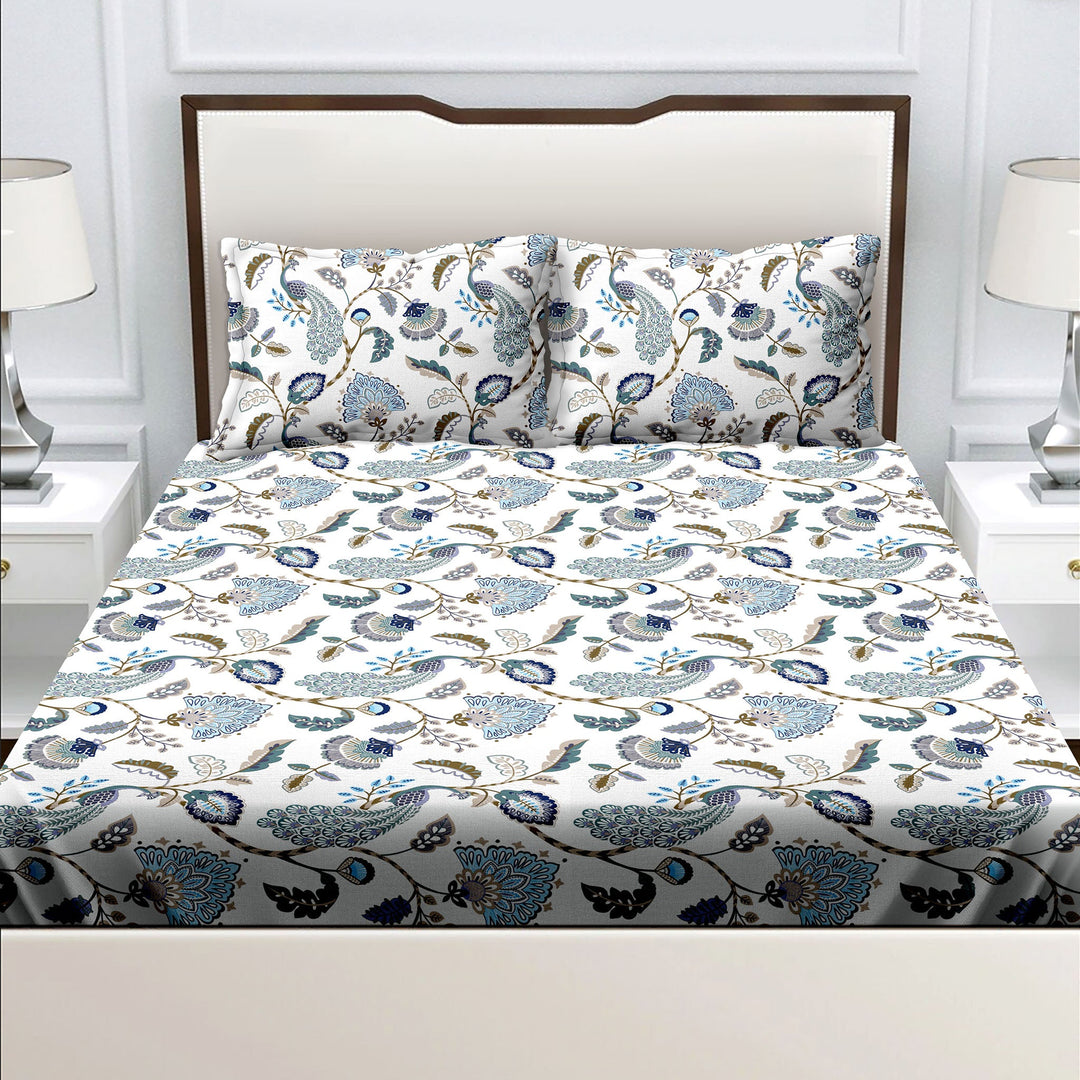 Bella Casa Fashion & Retail Ltd  Double King Size Cotton Floral Blue Colour Bedsheet with 2 Pillow Covers - Genteel Collection