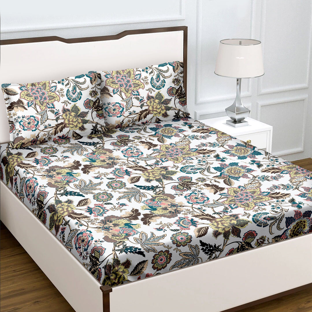 Bella Casa Fashion & Retail Ltd  Double King Size Cotton Floral Blue Colour Bedsheet with 2 Pillow Covers - Genteel Collection