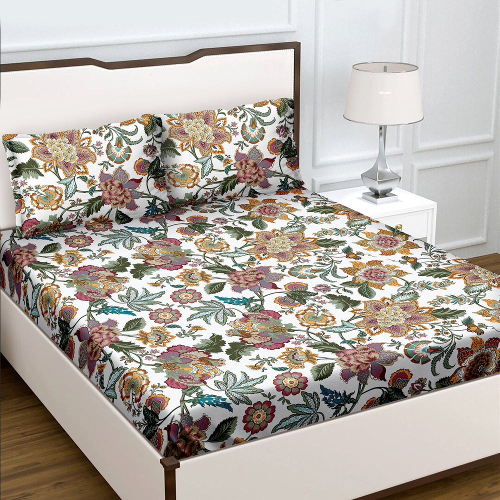 Bella Casa Fashion & Retail Ltd  Double King Size Cotton Floral Multi Colour Bedsheet with 2 Pillow Covers - Genteel Collection