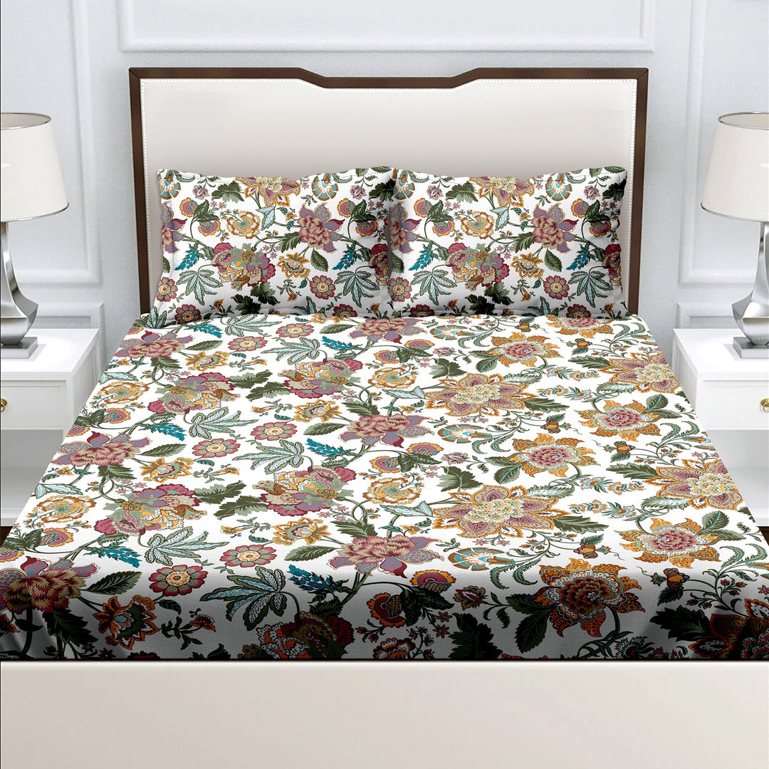 Bella Casa Fashion & Retail Ltd  Double King Size Cotton Floral Multi Colour Bedsheet with 2 Pillow Covers - Genteel Collection