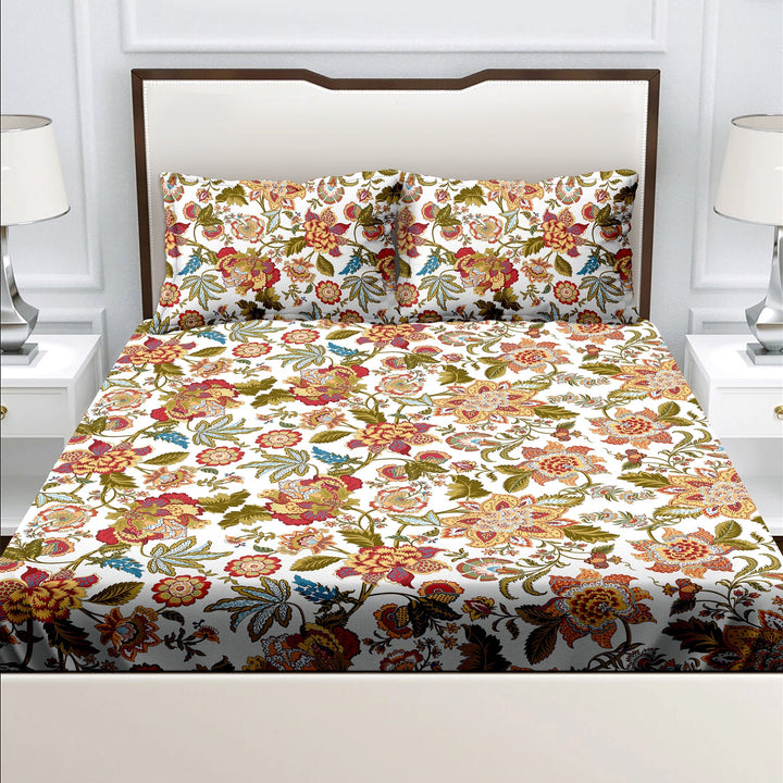 Bella Casa Fashion & Retail Ltd  Double King Size Cotton Floral Orange Colour Bedsheet with 2 Pillow Covers - Genteel Collection