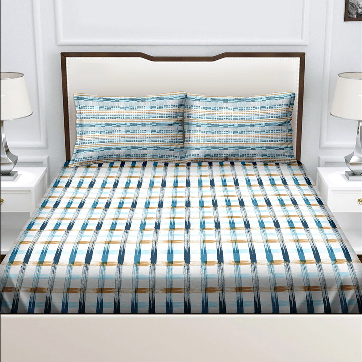 Bella Casa Fashion & Retail Ltd  Double King Size Cotton Geometric Blue Colour Bedsheet with 2 Pillow Covers - Genteel Collection