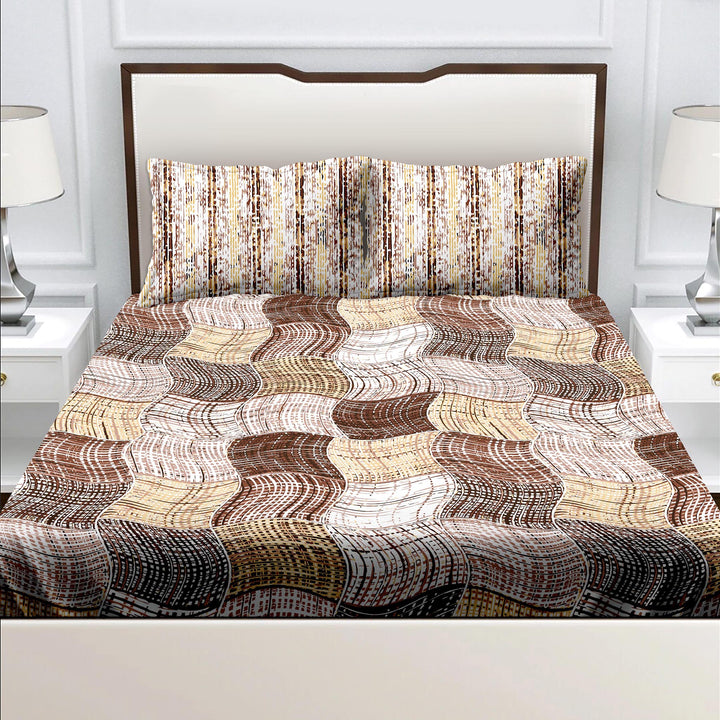 Bella Casa Fashion & Retail Ltd  Double King Size Cotton Geometric Brown Colour Bedsheet with 2 Pillow Covers - Genteel Collection