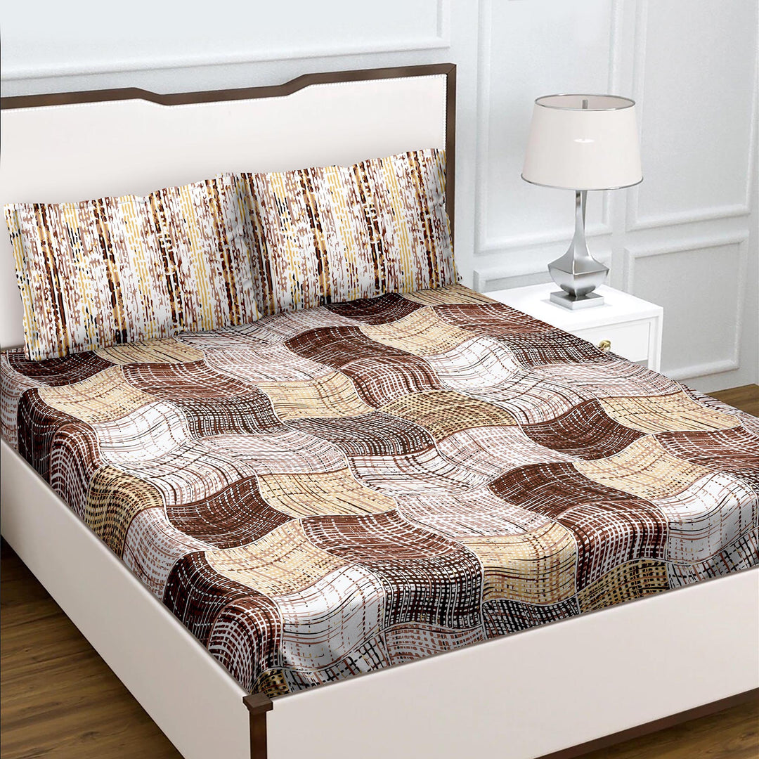 Bella Casa Fashion & Retail Ltd  Double King Size Cotton Geometric Brown Colour Bedsheet with 2 Pillow Covers - Genteel Collection