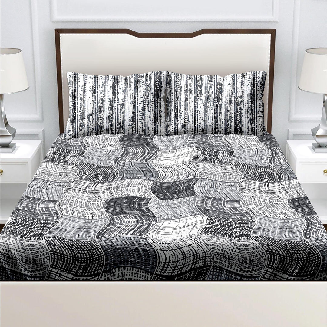 Bella Casa Fashion & Retail Ltd  Double King Size Cotton Geometric Grey Colour Bedsheet with 2 Pillow Covers - Genteel Collection