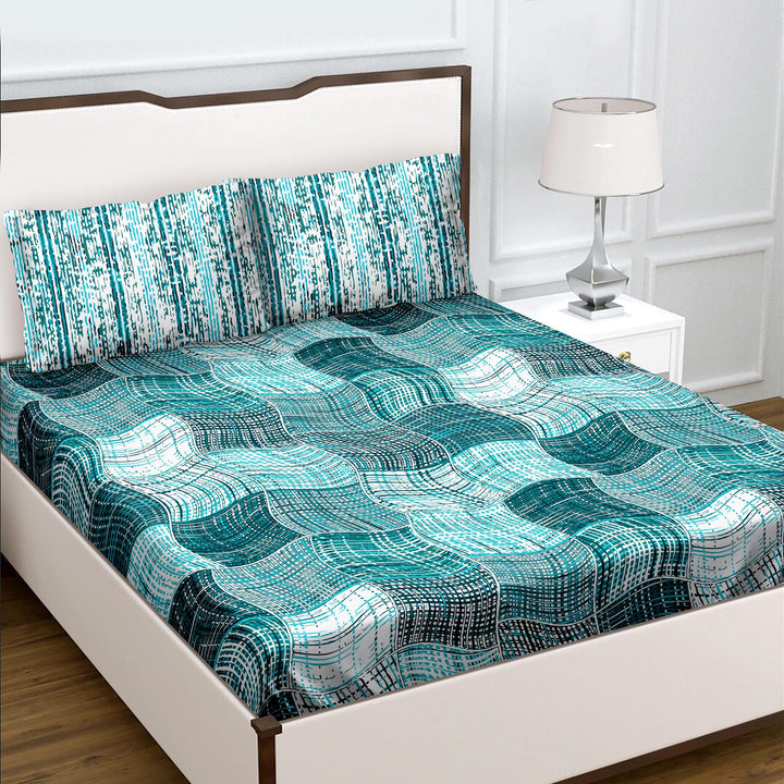 Bella Casa Fashion & Retail Ltd  Double King Size Cotton Geometric Teal Colour Bedsheet with 2 Pillow Covers - Genteel Collection