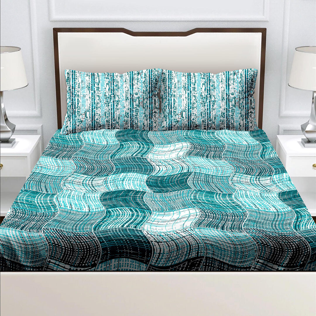 Bella Casa Fashion & Retail Ltd  Double King Size Cotton Geometric Teal Colour Bedsheet with 2 Pillow Covers - Genteel Collection