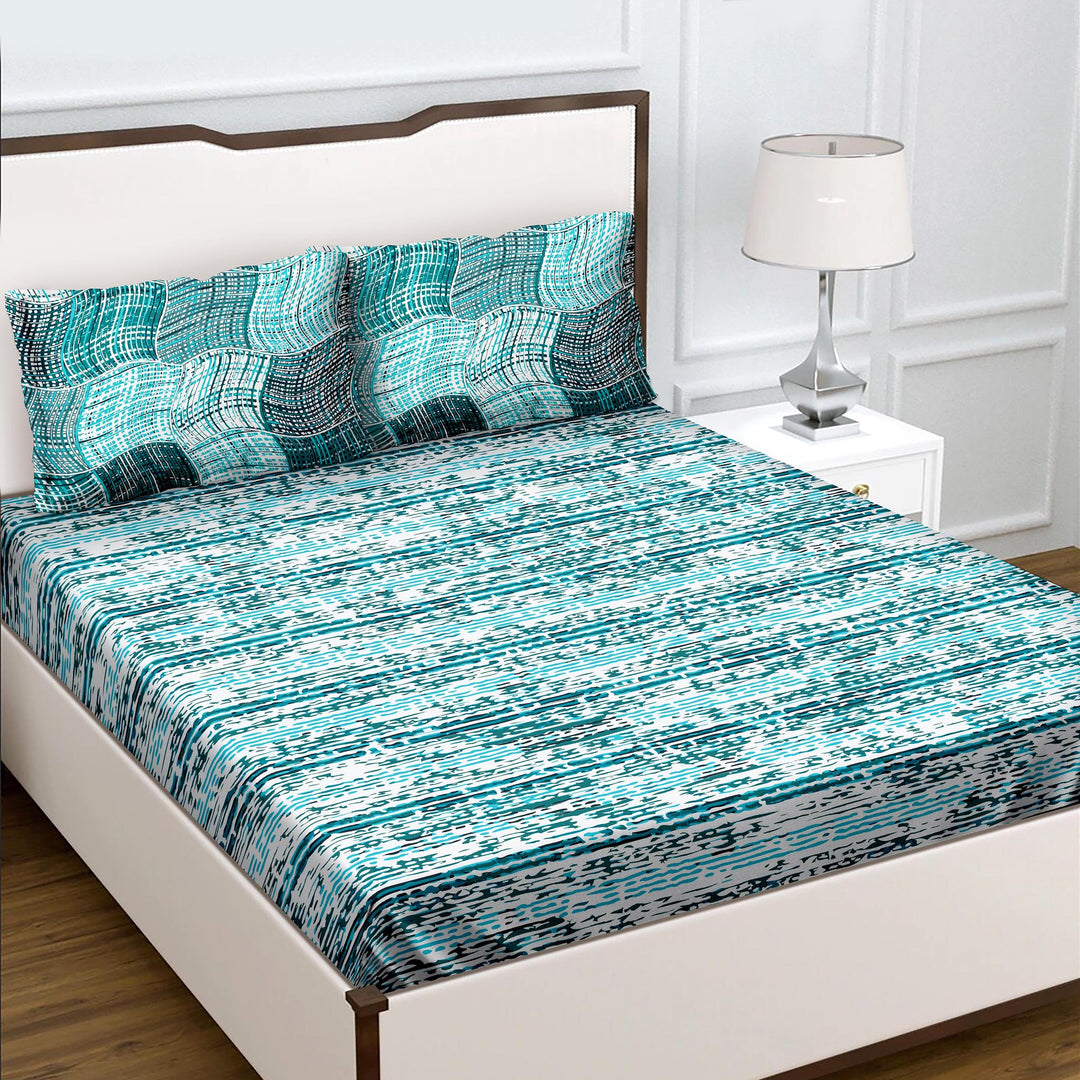 Bella Casa Fashion & Retail Ltd  Double King Size Cotton Geometric Teal Colour Bedsheet with 2 Pillow Covers - Genteel Collection