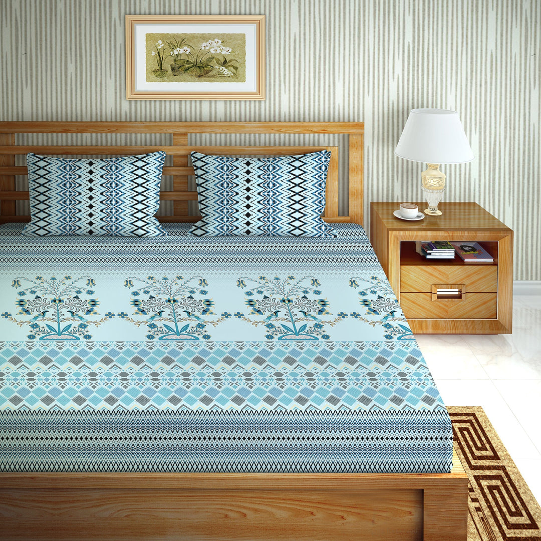 Bella Casa Fashion & Retail Ltd  Double Super King Size Cotton Abstract Blue Colour Bedsheet with 2 Pillow Covers - Oscar Collection