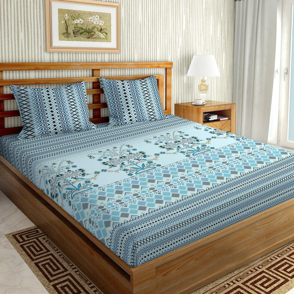 Bella Casa Fashion & Retail Ltd  Double Super King Size Cotton Abstract Blue Colour Bedsheet with 2 Pillow Covers - Oscar Collection