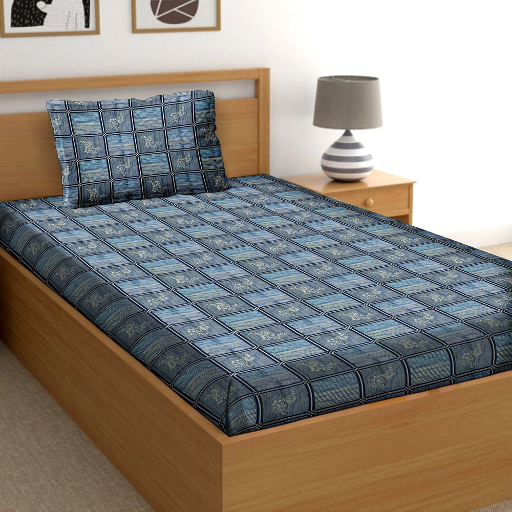 Bella Casa Fashion & Retail Ltd  Single Cotton Abstract Blue Colour Bedsheet with 1 Pillow Cover- Cuddle Collection