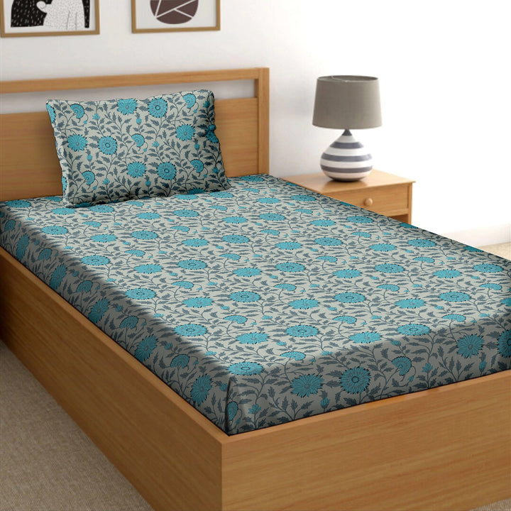 Bella Casa Fashion & Retail Ltd  Single Cotton Floral Blue Colour Bedsheet with 1 Pillow Cover- Cuddle Collection