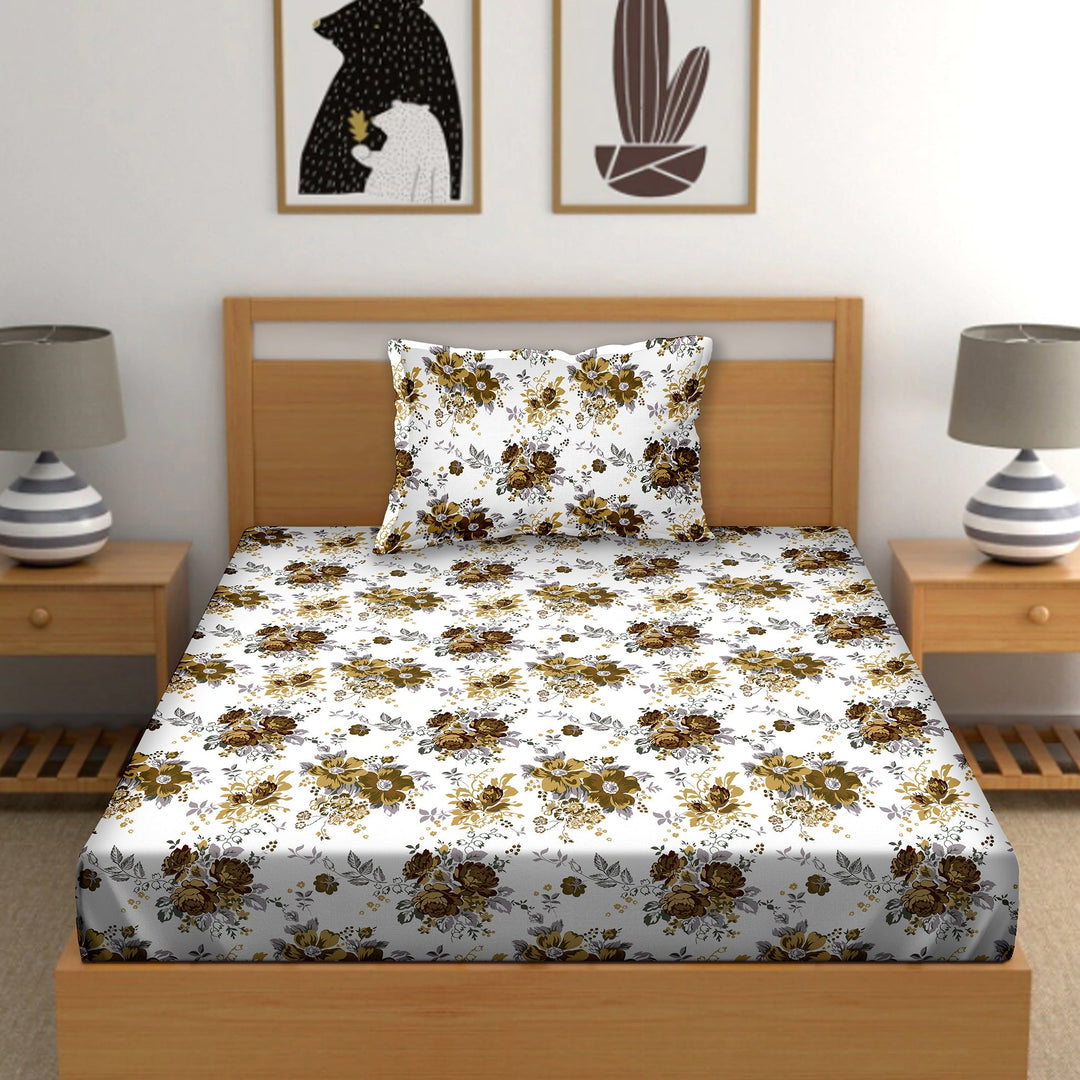 Bella Casa Fashion & Retail Ltd  Single Cotton Floral Brown Colour Bedsheet with 1 Pillow Cover- Cuddle Collection