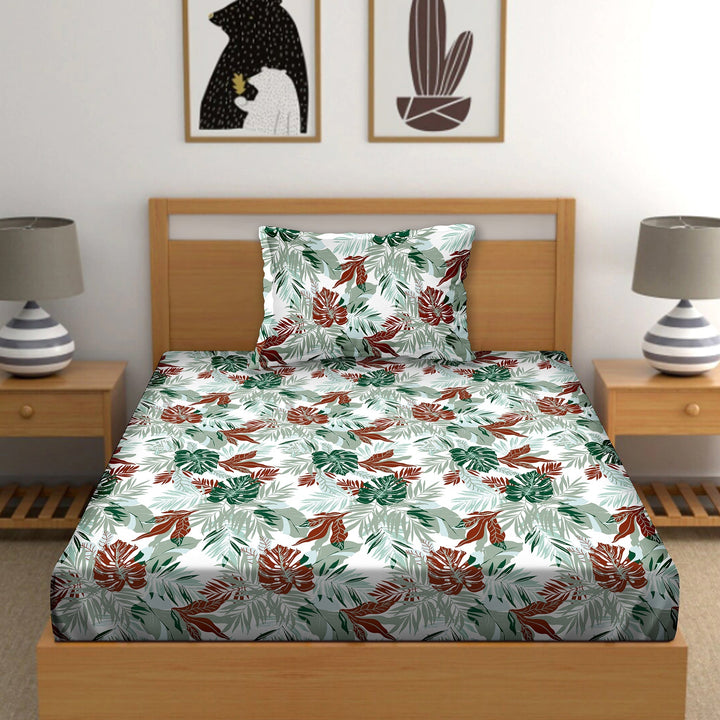 Bella Casa Fashion & Retail Ltd  Single Cotton Floral Green Colour Bedsheet with 1 Pillow Cover- Cuddle Collection