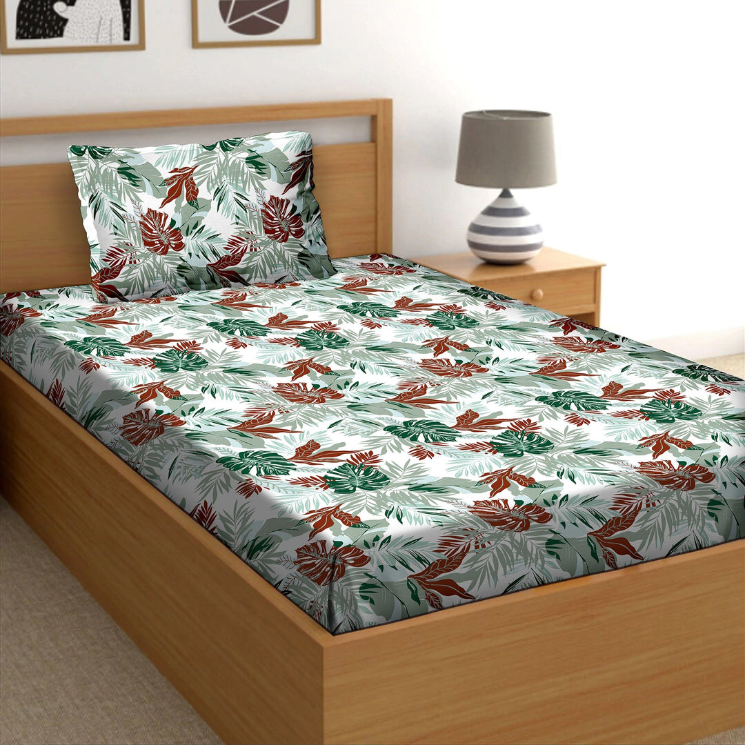 Bella Casa Fashion & Retail Ltd  Single Cotton Floral Green Colour Bedsheet with 1 Pillow Cover- Cuddle Collection